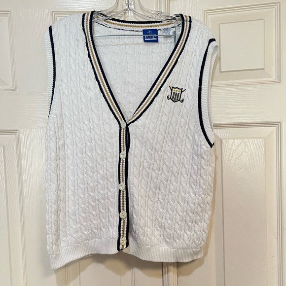 EP Pro White Button Down Fisherman Knit Cotton Golf Vest Crest Preppy Sports XL - Picture 3 of 10